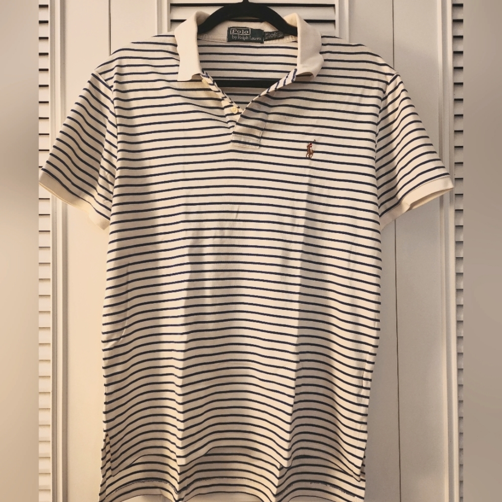 Mens, POLO RALPH LAUREN - Striped Blue White Short Sleeve Polo Shirt - Sz Medium